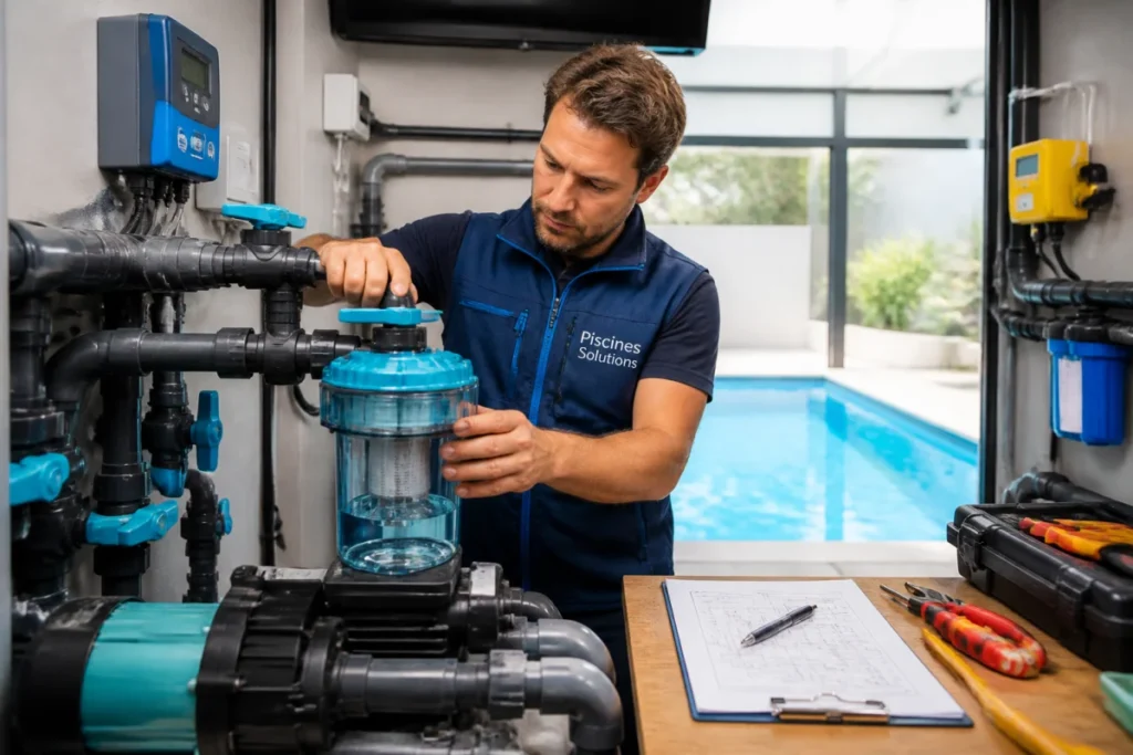 Pisciniste professionnel vérifiant le système de filtration et les raccordements hydrauliques dans un local technique de piscine