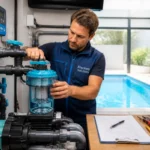 Pisciniste professionnel vérifiant le système de filtration et les raccordements hydrauliques dans un local technique de piscine