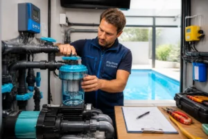 Pisciniste professionnel vérifiant le système de filtration et les raccordements hydrauliques dans un local technique de piscine