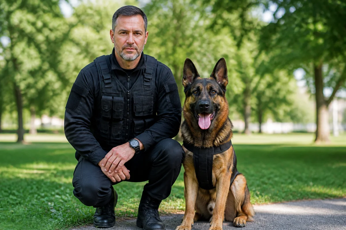 Maître-chien professionnel en uniforme avec son berger allemand dans un parc pour illustrer comment devenir maître-chien.