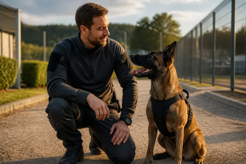 Maître-chien professionnel en tenue tactique interagissant avec un berger malinois dans une zone d'entraînement extérieure.