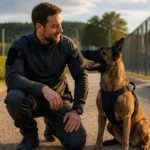 Maître-chien professionnel en tenue tactique interagissant avec un berger malinois dans une zone d'entraînement extérieure.