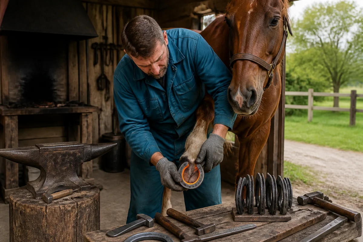 Maréchal-ferrant parant le sabot d’un cheval brun dans un atelier rural, entouré d’outils et de fers à cheval