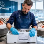 Poissonnier professionnel vérifiant l'étiquette de traçabilité sur des poissons frais pour apprendre comment devenir poissonnier.