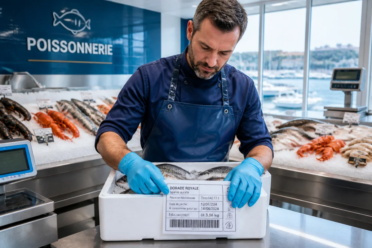 Poissonnier professionnel vérifiant l'étiquette de traçabilité sur des poissons frais pour apprendre comment devenir poissonnier.
