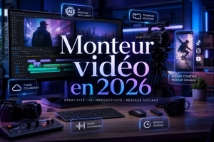 Monteur vidéo 2026 sur bureau créatif moderne