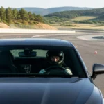 Pilote d’essai automobile au volant d’une voiture de test sur circuit sécurisé, équipé d’un casque et d’instruments de mesure.