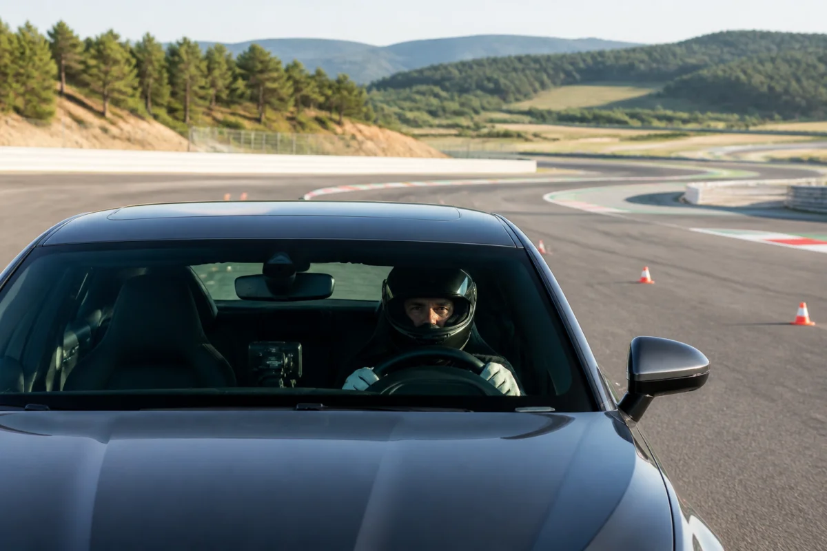 Pilote d’essai automobile au volant d’une voiture de test sur circuit sécurisé, équipé d’un casque et d’instruments de mesure.