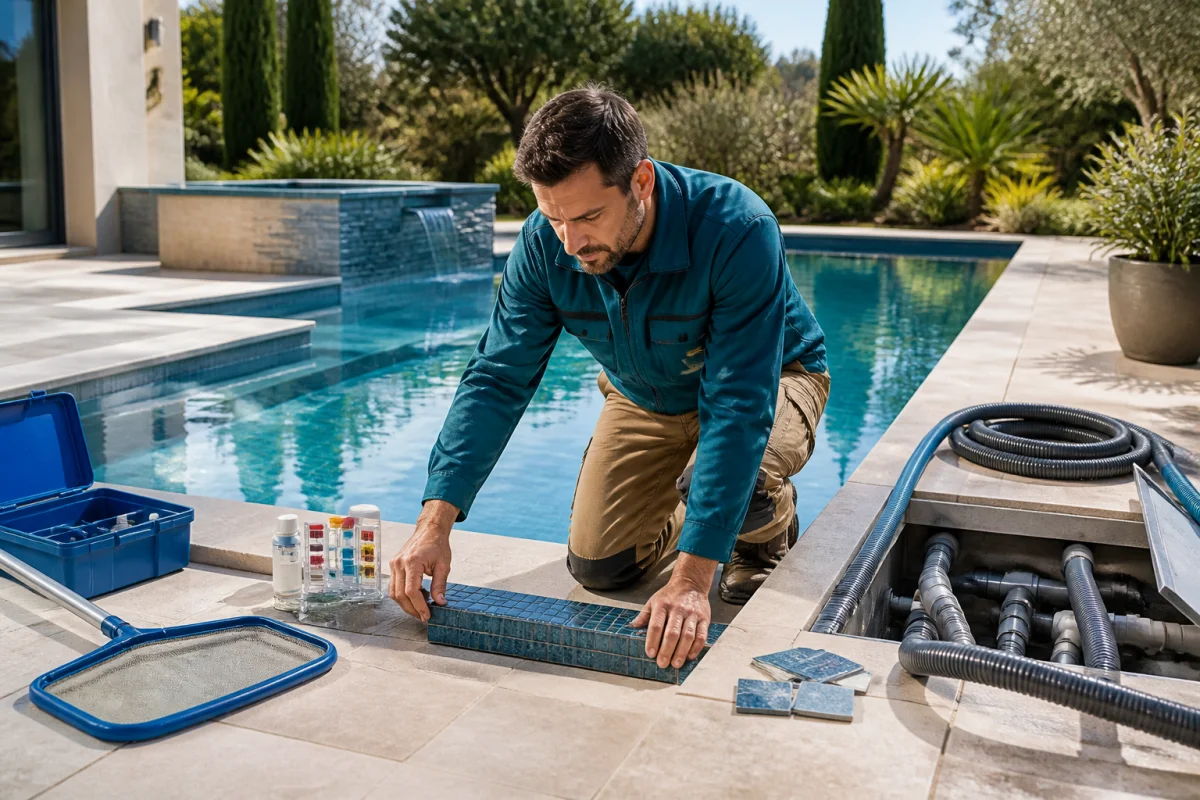 Pisciniste professionnel rénovant une piscine résidentielle avec outils, équipements de filtration et carreaux récemment remplacés