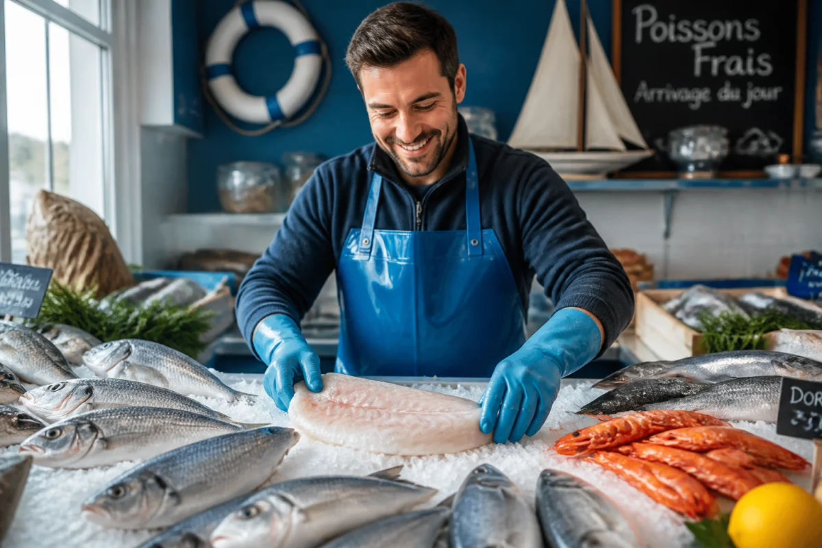 Poissonnier professionnel souriant disposant délicatement un filet de poisson frais sur un étal de glace pilée.
