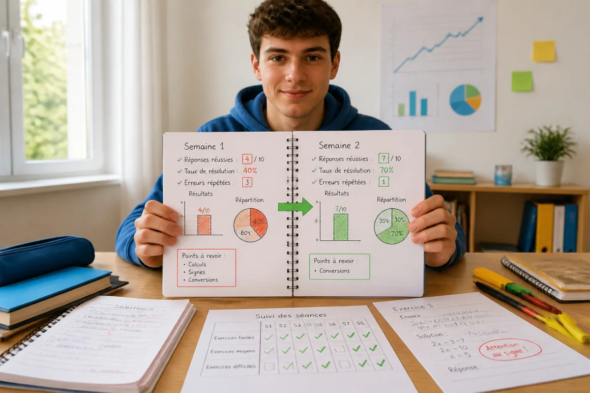 Étudiant analysant ses progrès de révision dans un carnet de suivi, avec des résultats passant de quatre à sept réponses correctes sur dix