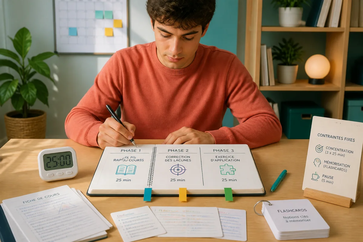 Étudiant concentré adaptant sa méthode de révision avec trois séances ciblées, calendrier structuré en rappel, correction et exercices d’application