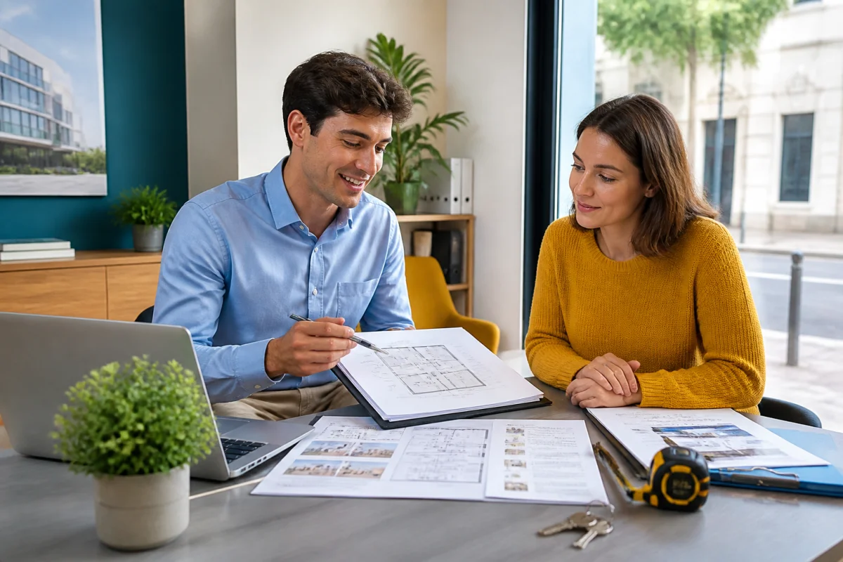 Étudiant en alternance dans une agence immobilière présentant un dossier à une cliente devant des plans de logements