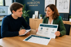 Étudiant en alternance échangeant avec une professionnelle immobilière sur le choix d’une entreprise d’accueil conviennent aux étudiants
