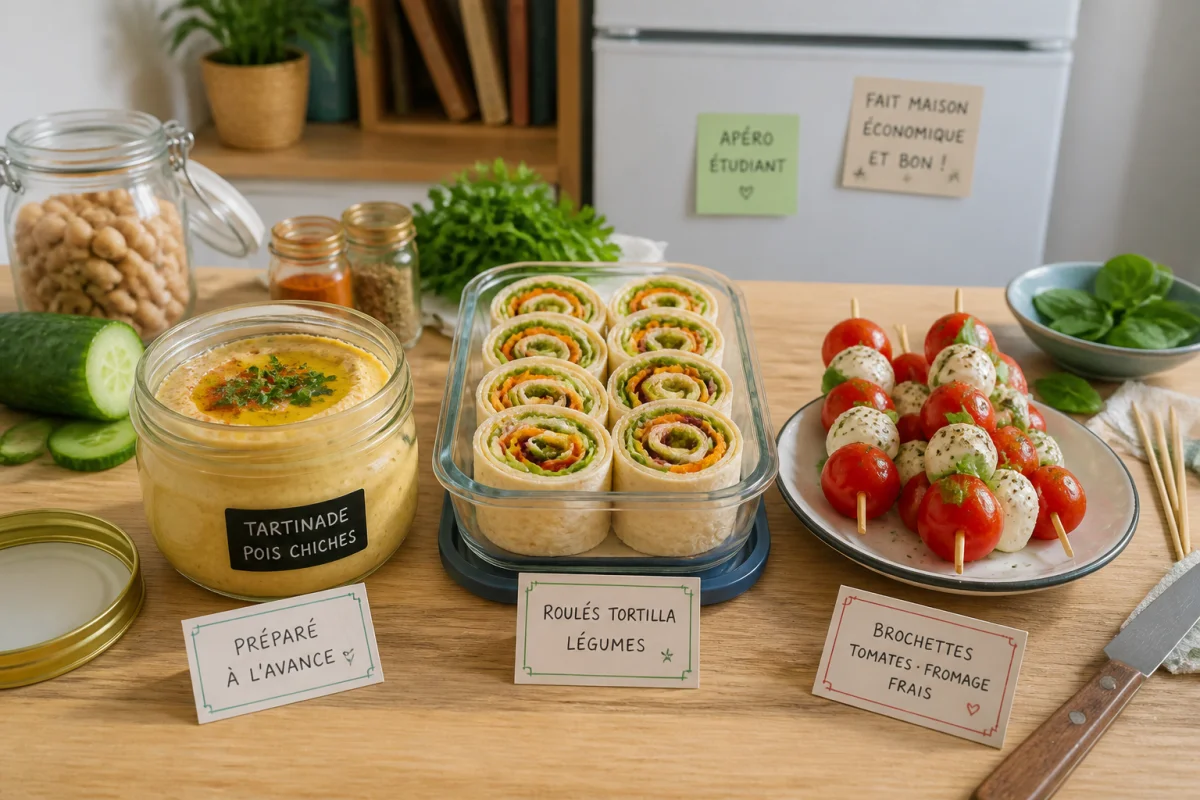 Trois préparations économiques pour organiser un apéritif pour étudiants : tartinade de pois chiches, roulés de légumes et brochettes.