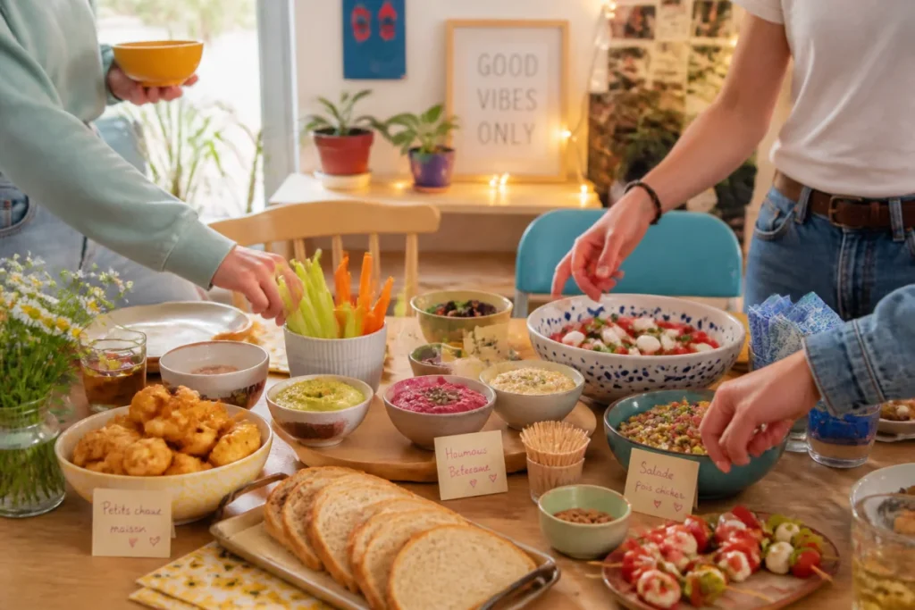 Apéritif étudiant économique avec tartinades maison, légumes, pain et verres dépareillés sur une table conviviale