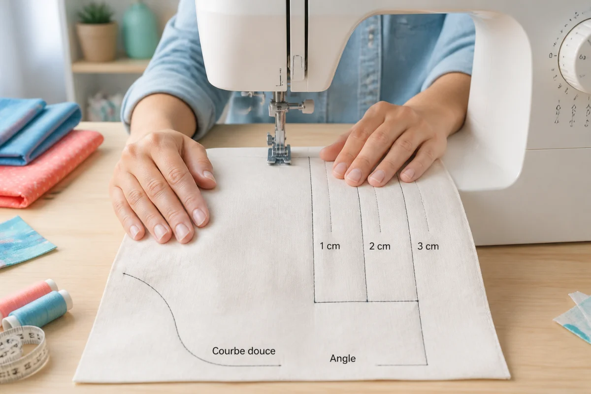 Apprendre la couture débutant : mains guidant du coton sous une machine, avec repères, lignes droites, angle et courbe.