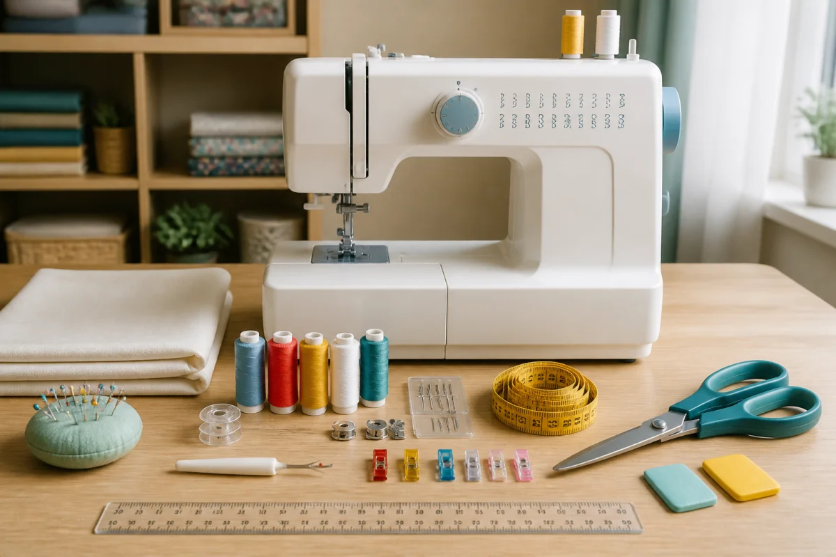 Nécessaire de couture débutant organisé autour d’une machine à coudre, avec tissu, fils, ciseaux et accessoires colorés
