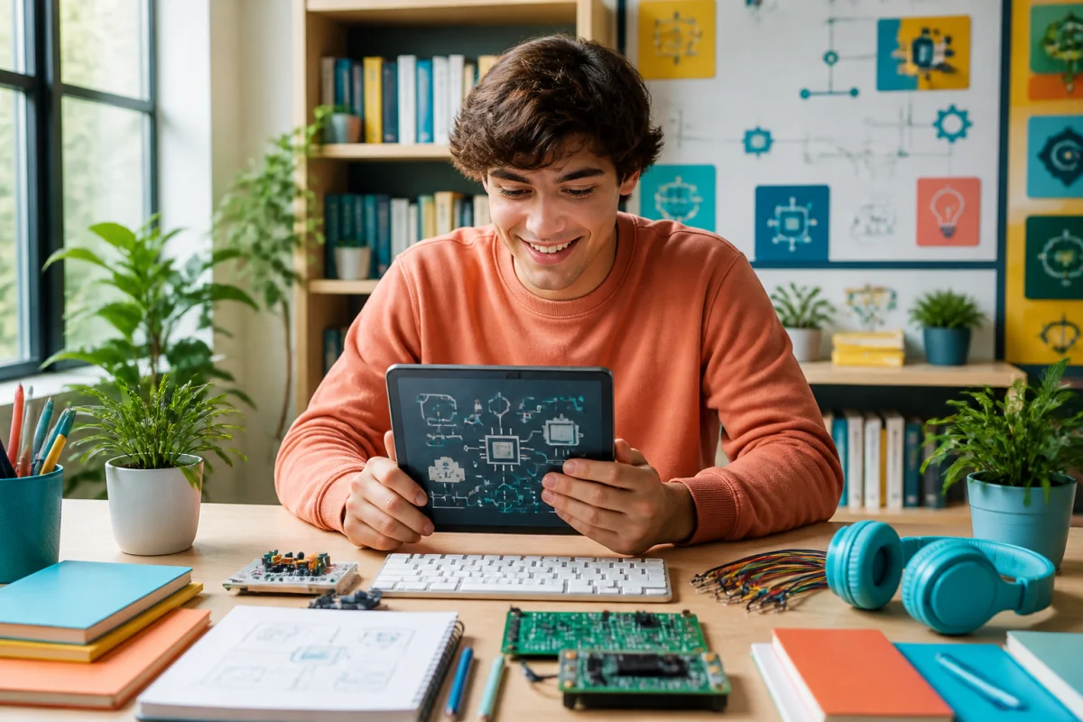 Jeune adulte consultant une tablette technologique entouré de cahiers et composants électroniques, pour découvrir Cahier2Techno