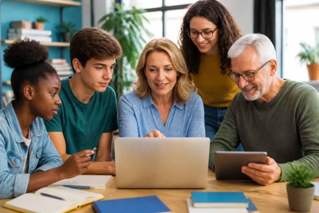 Cahier2Techno réunit adolescents et adultes débutants découvrant la technologie autour d’un ordinateur portable et d’une tablette