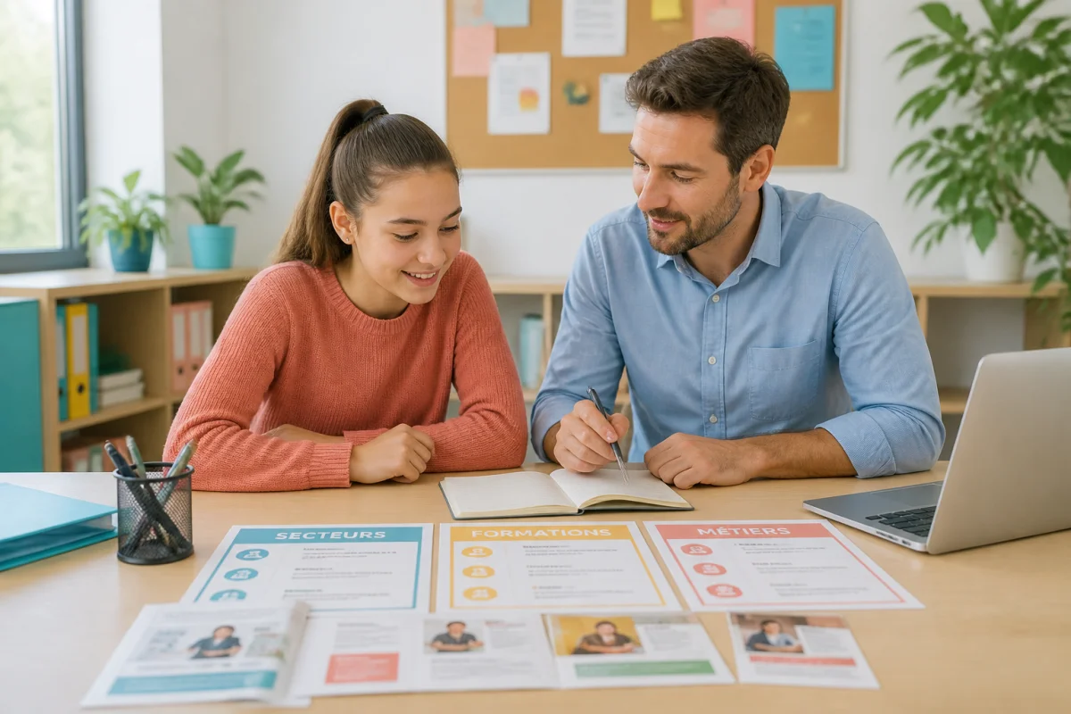 Collégienne et conseiller d’orientation analysant des fiches de formations au Collège Jules Vallès Vitry pour préparer son avenir professionnel