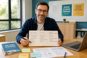 Adulte en reconversion au Collège Jules Vallès Vitry, réfléchissant à ses compétences et à son avenir professionnel.
