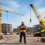 Conducteur de grue en casque et gilet de sécurité entre une grue à tour et une grue mobile sur un chantier