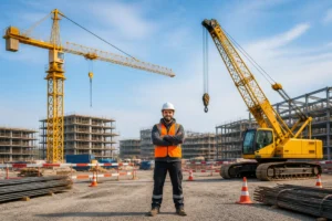 Conducteur de grue en casque et gilet de sécurité entre une grue à tour et une grue mobile sur un chantier