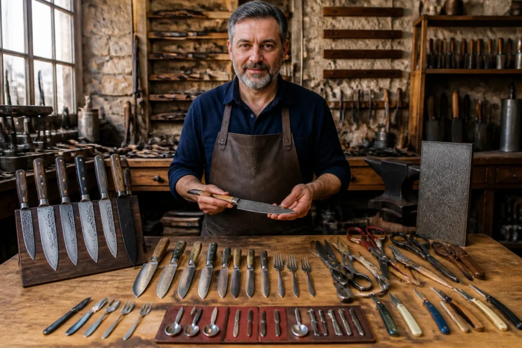 Artisan coutelier présentant couteaux, ciseaux, sécateurs, rasoirs et outils de manucure dans son atelier traditionnel