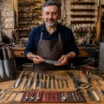 Artisan coutelier présentant couteaux, ciseaux, sécateurs, rasoirs et outils de manucure dans son atelier traditionnel