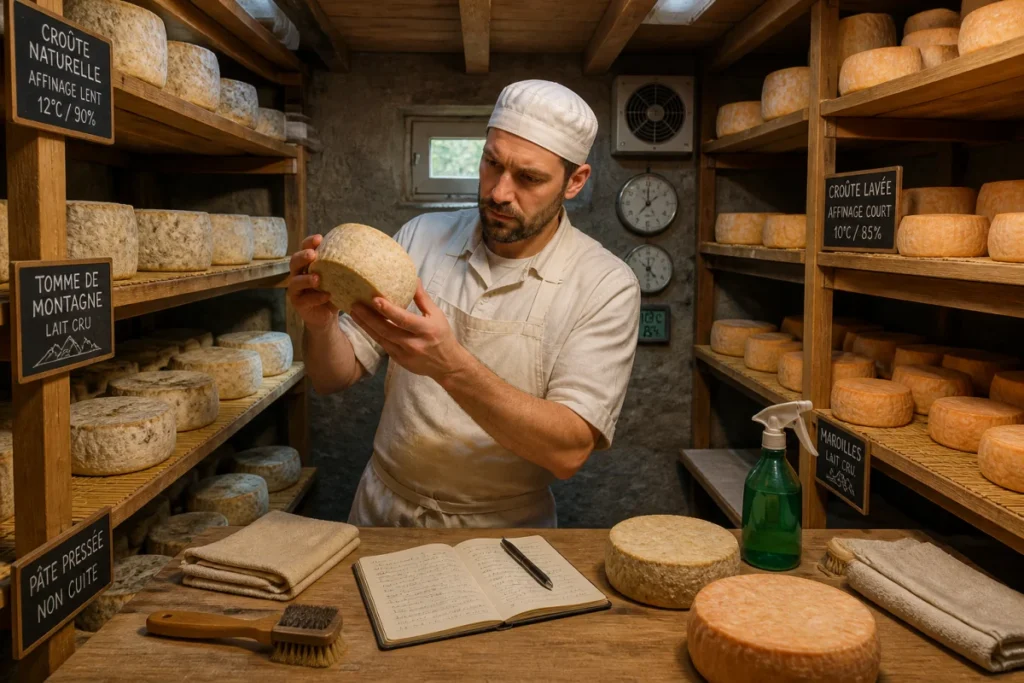 Fromager affineur inspectant des fromages sur claies en bois dans une cave d’affinage professionnelle équipée d’instruments de mesure