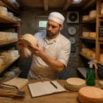 Fromager affineur inspectant des fromages sur claies en bois dans une cave d’affinage professionnelle équipée d’instruments de mesure