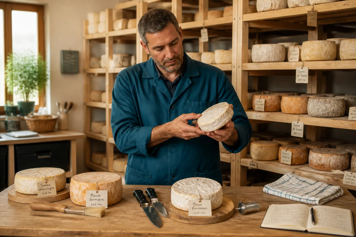 Fromager affineur en cave artisanale retournant un fromage à pâte molle, entouré d’outils professionnels et d’étagères garnies de fromages
