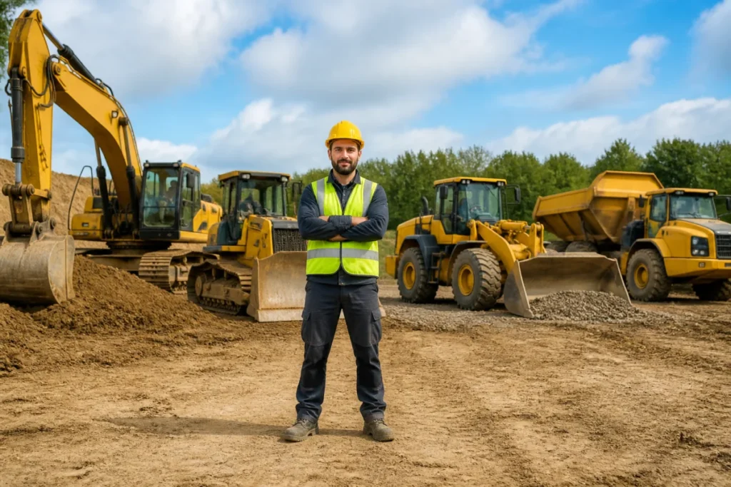 Conducteur d’engins de chantier en tenue de sécurité devant une pelle, un bulldozer, une chargeuse et un tombereau articulé