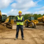 Conducteur d’engins de chantier en tenue de sécurité devant une pelle, un bulldozer, une chargeuse et un tombereau articulé