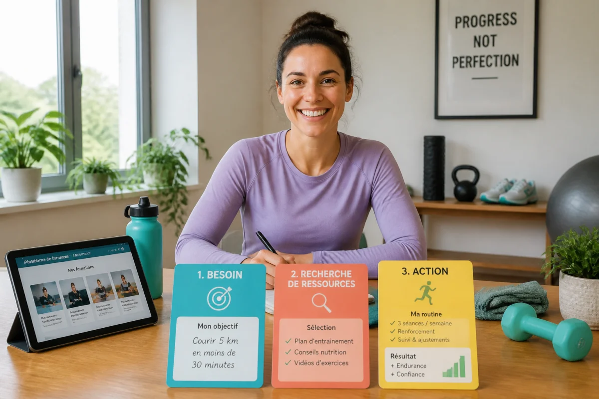 Personne organisant son entraînement avec Cool Training en trois étapes : objectif, ressources sélectionnées et routine de suivi