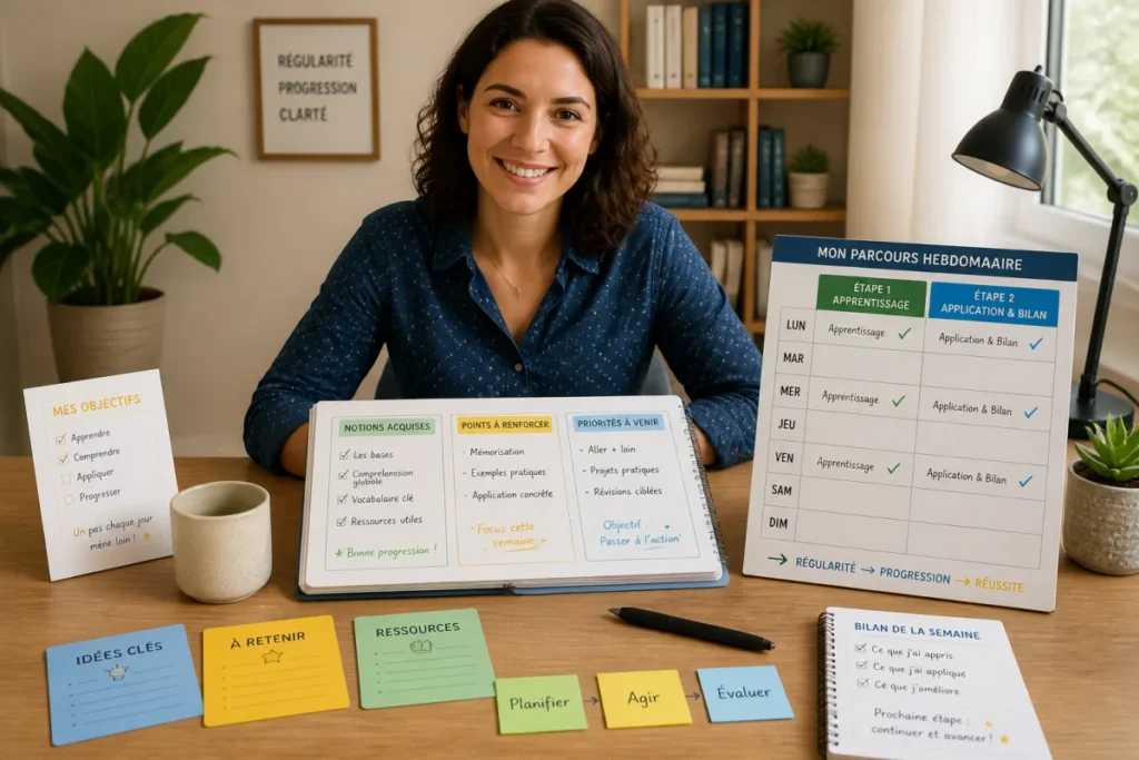 Personne organise son apprentissage Cool Training en deux étapes hebdomadaires avec carnet, calendrier et fiches de suivi