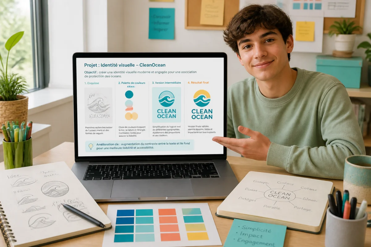 Étudiant présentant un portfolio en ligne pour un projet scolaire, illustrant les étapes d’un projet graphique sur ordinateur portable