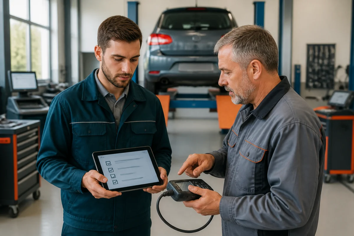 Apprenant contrôleur technique automobile observant un véhicule avec son formateur dans un centre de formation moderne