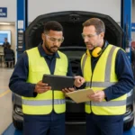 Apprenant et formateur en atelier automobile découvrant la formation pour devenir contrôleur technique automobile