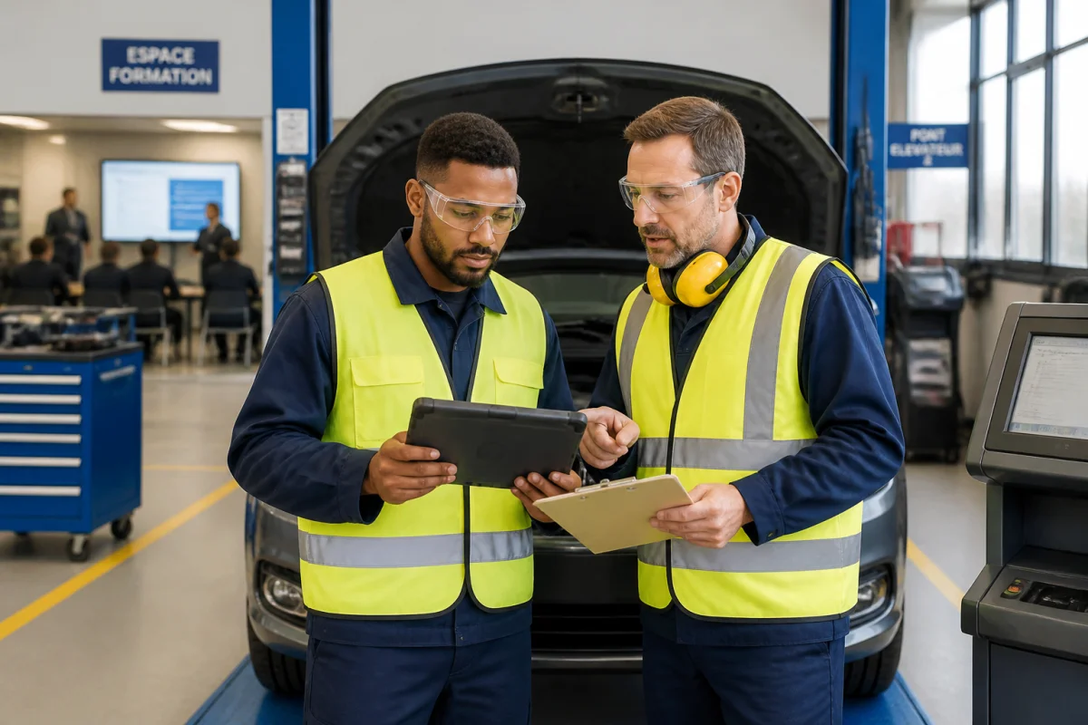 Apprenant et formateur en atelier automobile découvrant la formation pour devenir contrôleur technique automobile
