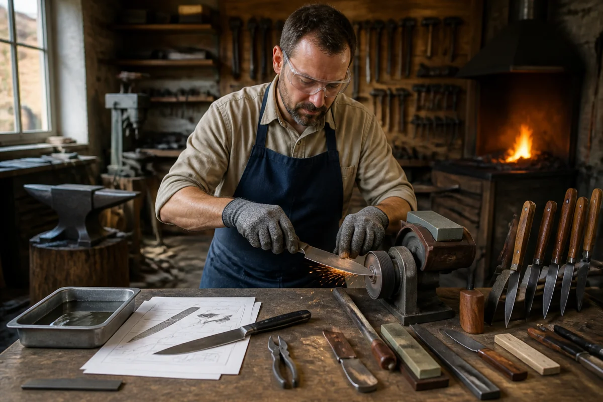Coutelier artisan réalisant l’émouture et le polissage d’une lame dans son atelier, entouré d’outils et de croquis.