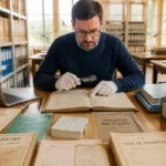 Généalogiste professionnel consultant des archives et documents officiels dans une salle d’archives lumineuse