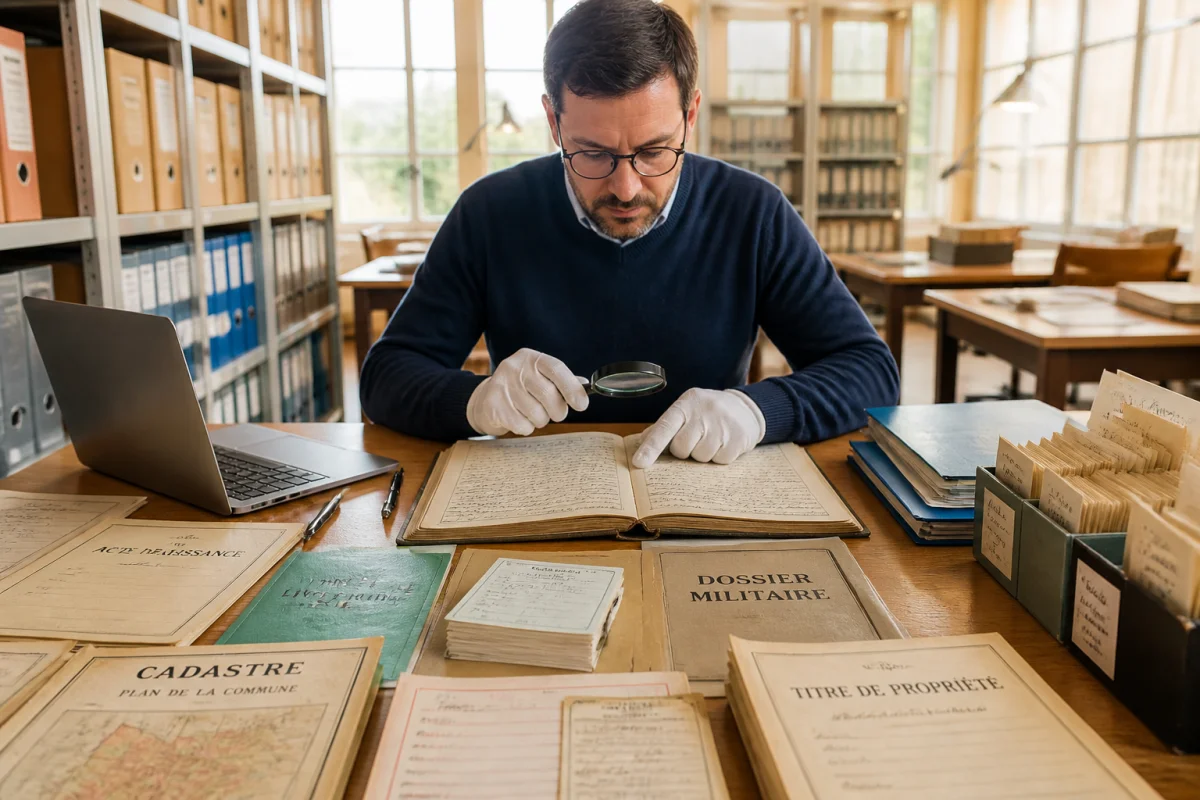Généalogiste professionnel consultant des archives et documents officiels dans une salle d’archives lumineuse
