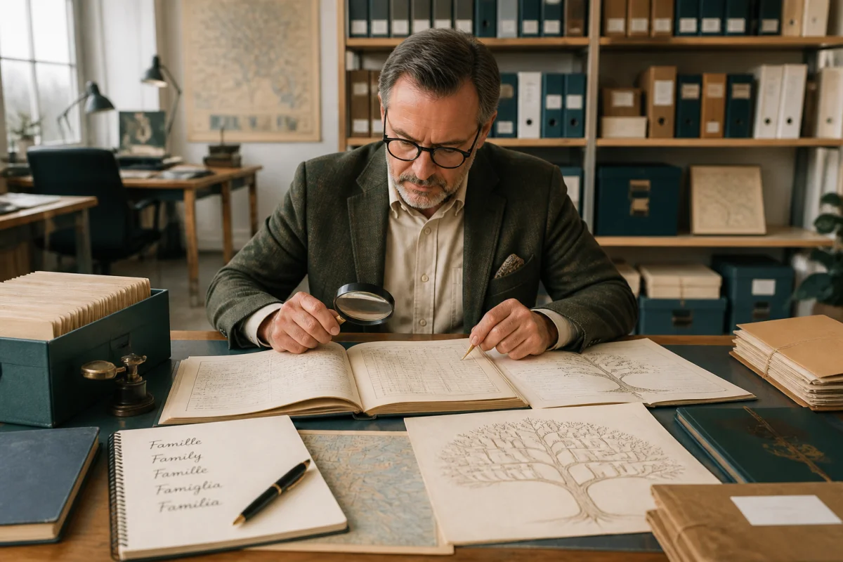 Généalogiste professionnel consultant des actes d’état civil, archives et documents familiaux dans une salle de consultation lumineuse