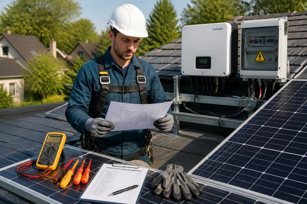 Installateur de panneaux solaires contrôlant une installation photovoltaïque et consultant un plan technique sur une toiture résidentielle
