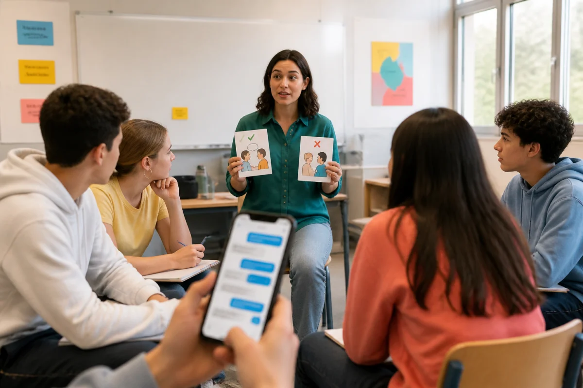 Éducation à la sexualité au collège : élèves échangeant sur le consentement et le respect des limites en classe