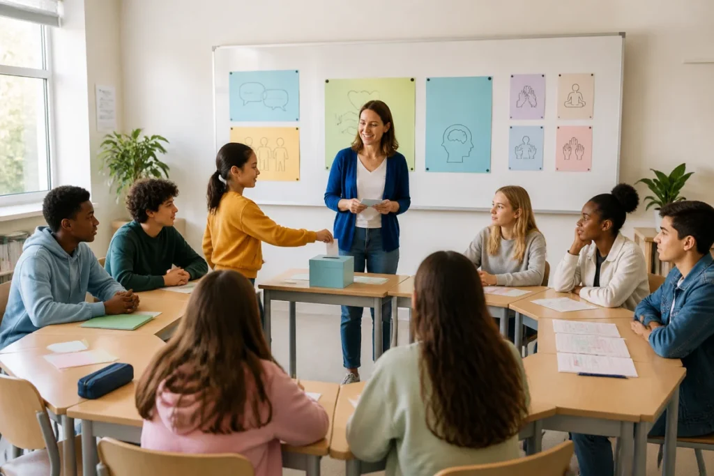 Enseignante animant une séance d’éducation à la sexualité au collège avec des élèves attentifs dans une classe bienveillante