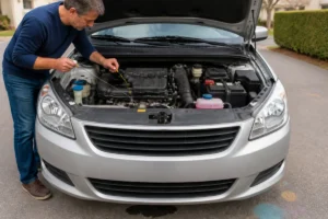 Entretien voiture avant contrôle technique : conducteur vérifiant les niveaux et composants sous le capot d’une voiture familiale