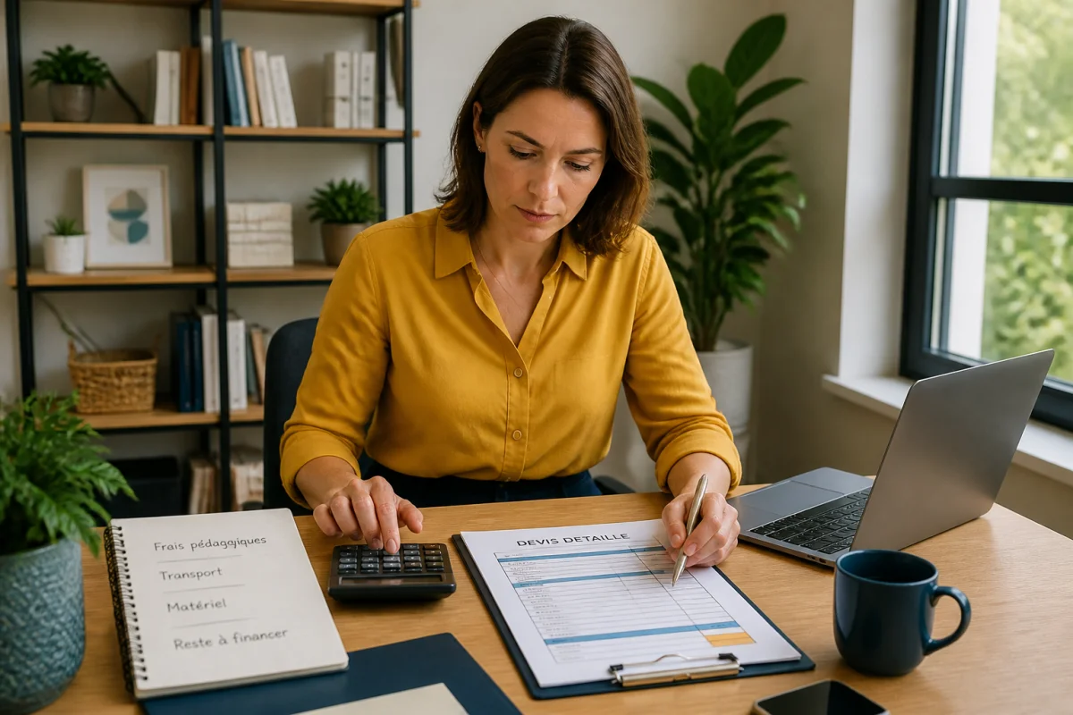 Professionnelle calculant le budget d’une formation avec devis, calculatrice et frais détaillés sur son bureau